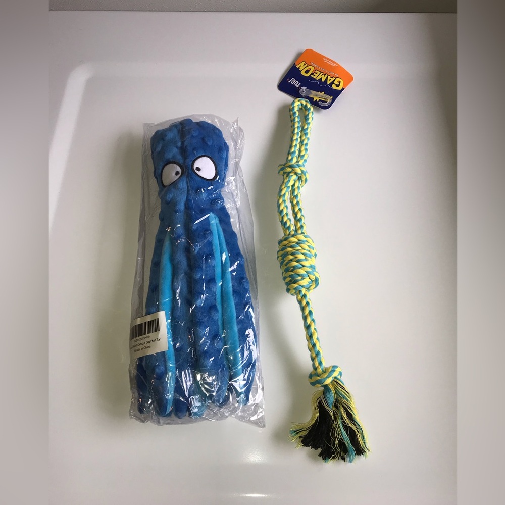 Crinkle Squeaker No Stuffing Octopus & Rope Dog Toy Lot